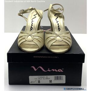 EUC SHANTAY by Nina Gold Glimmer Firenze Peep Toe Strappy Heel & Dust bag Size 8